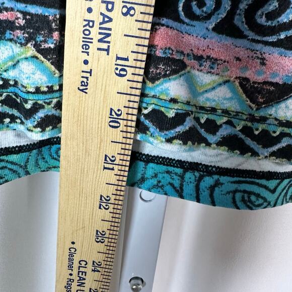 Chico's‎ Tribal Face All Over Print Cotton 3/4 Sleeve Tee Sz L Abstract Colorful - Picture 7 of 7